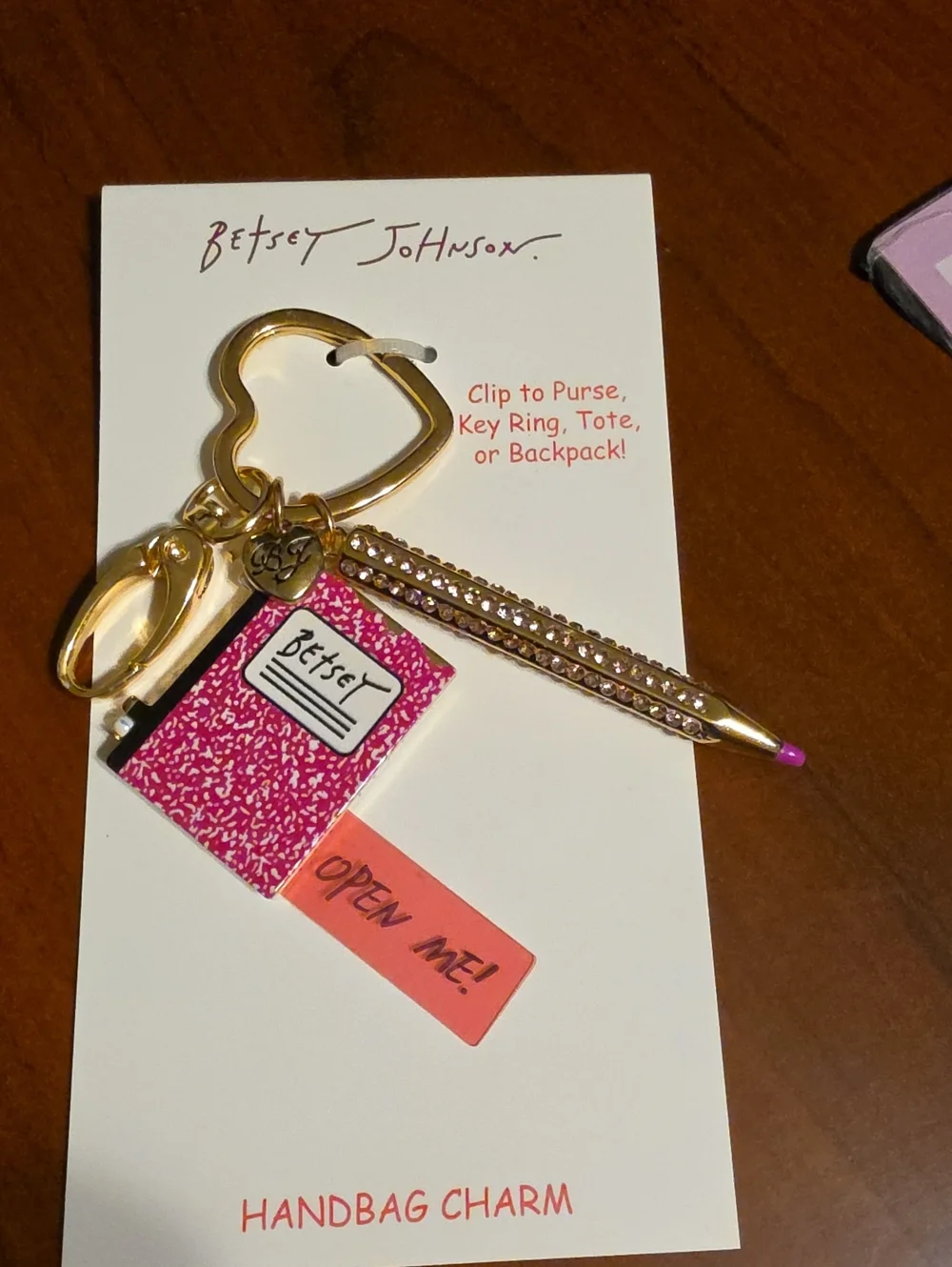 Betsey Johnson Pink Notebook & Gold Pen Handbag Charm Keychain